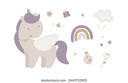 Set with magic unicorn. unicorn, rainbow, flower, star, butterfly, cloud, magic bottle. For for kids design, fabric, wrapping, cards, textile, wallpaper, apparel. Isolated vector on white background.