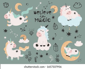 Set of magic unicorns. Cartoon design for birthday invitation, poster, clothing, nursery wall art and card.