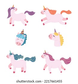 Set of Magic Unicorns, Cute Cartoon Pony Or Horse With Horn And Colorful Mane Isolated Elements For Girls Diary, Birthday, Sticker Pack With Fantasy Funny Mascot Jump, Stamp Hoof. Vector Illustration