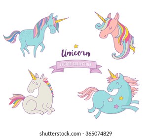 Set of magic unicorns - cute hand drawn icons