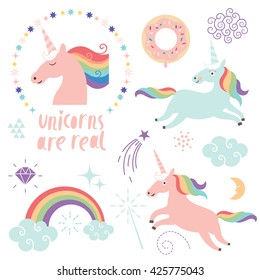  set of magic unicorns, rainbow, clouds, magic graphic elements