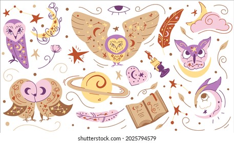 Set of magic vector owls, doodle illustrationmystic night birds. Nursery owls with stars and moon.