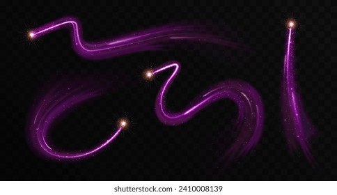 Set of Magic violet glowing shiny trails isolated on black transparent background. Vector illustration