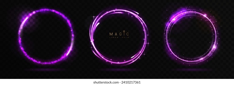 Set of Magic violet glowing shiny trails or circles isolated on black transparent background. Vector illustration