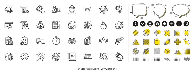 Set von Zauberstab, Krankenwagen-Transport und Eisen-Linie-Icons für Web-App. Design-Elemente, Social-Media-Symbole. Sichere Energie, Kobaltmineral, Interview dokumentiert Icons. Vektorgrafik