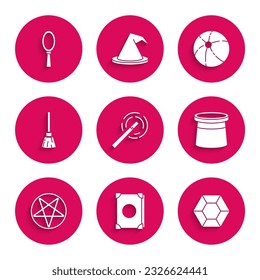 Set Magic wand, Ancient magic book, stone, Magician hat, Pentagram in circle, Witches broom, Beach ball and hand mirror icon. Vector