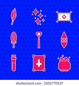Set Magic wand, Ancient magic book, Witch cauldron, Wizard warlock, Bottle with potion, sword in fire, carpet and feather icon. Vector