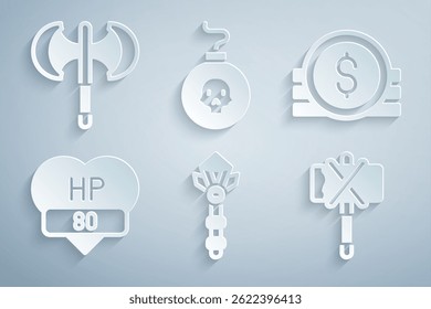 Video Varita mágica, moneda antigua, barra de juego, hacha medieval, bomba lista para explotar e icono de polea. Vector