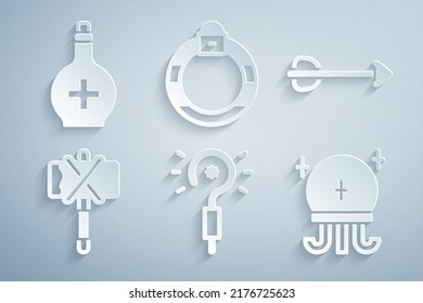 Set Magic wand, Arrow, Medieval axe, ball, stone ring and Bottle with potion icon. Vector