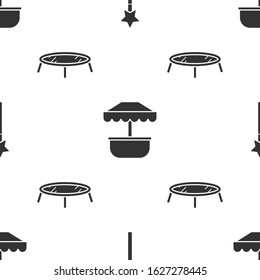 Set Magic wand, Attraction carousel and Jumping trampoline on seamless pattern. Vector