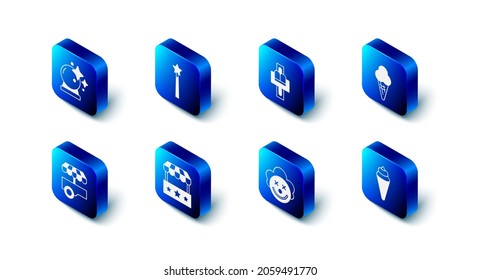Set Magic wand, Attraction carousel, Ice cream in waffle cone, Clown head, Ticket box office, Fast street food cart and ball icon. Vector