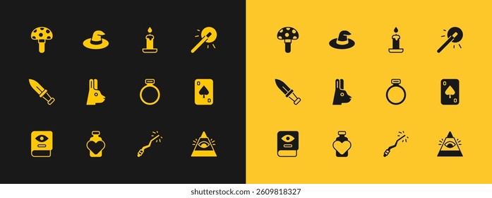 Set Magic wand, Bottle with love potion, stone ring, Rabbit ears, Burning candle, Psilocybin mushroom and Witch hat icon. Vector