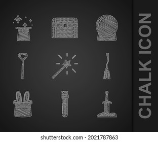 Set Magic wand, Bottle with potion, Sword in the stone, Witches broom, Magician hat rabbit ears, ball and icon. Vector