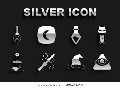 Set Magic wand, Bottle with potion, All-view eye of God, Witch hat, Sword the stone y Moon stars icon. Vector