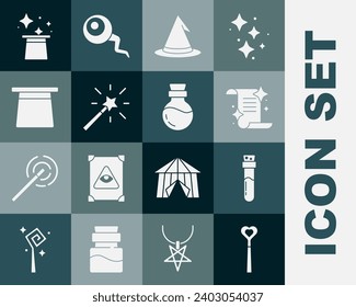 Set Magic wand, Bottle with potion, Ancient magic book, Witch hat,  and  icon. Vector