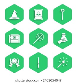 Set Magic wand, Bottle with potion, ball hand, Antique treasure chest,  and Witch hat icon. Vector