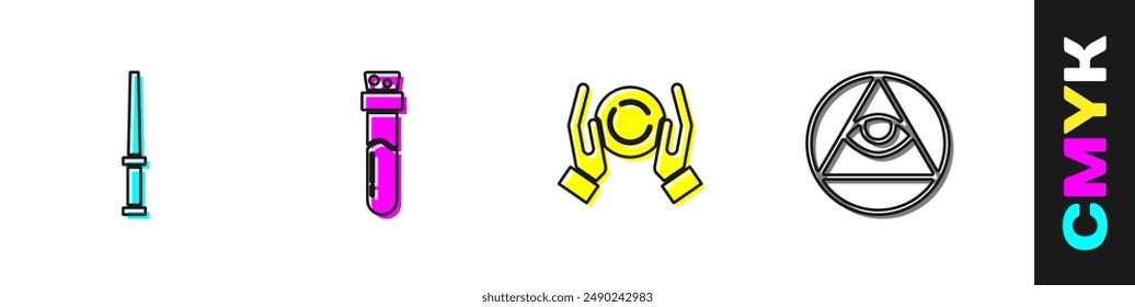 Set Varita mágica, Botella con poción, mano de bola e icono de masones. Vector