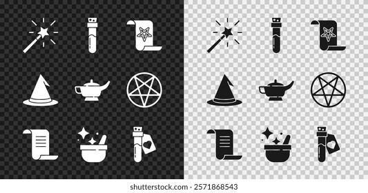 Set Magic wand, Bottle with potion, Ancient magic book, Witch cauldron, love, hat and lamp or Aladdin icon. Vector