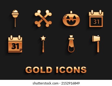 Set Magic wand, Calendar with Halloween date 31 october, Wooden axe, Bottle potion, Pumpkin, Lollipop and Crossed bones icon. Vector