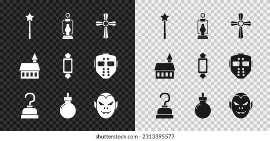 Zauberstab setzen, Zeltlaterne, Tombstone mit Kreuz, Piratenhaken, Bombe bereit explodieren, Vampire, Schloss und Kerzensymbol. Vektorgrafik