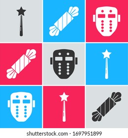 Set Magic wand , Candy  and Hockey mask  icon. Vector