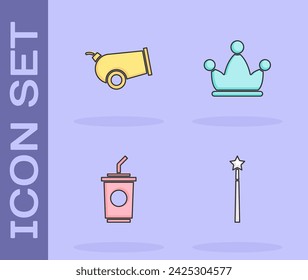 Set Varita mágica, Cañón, Vidrio de papel con agua y Sombrero de bufón icono de campanas. Vector