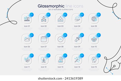 Set of Magic wand, Chemistry lab and Organic tested line icons for web app. Swipe up, Megaphone, Online chemistry icons. Mental health, Waterproof, Sharing economy signs. Sunny weather. Vector