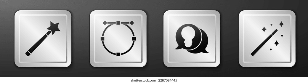 Fijar varita mágica, Círculo con curva de Bézier, Bombilla con concepto de idea e icono de varita mágica. Botón cuadrado plateado. Vector
