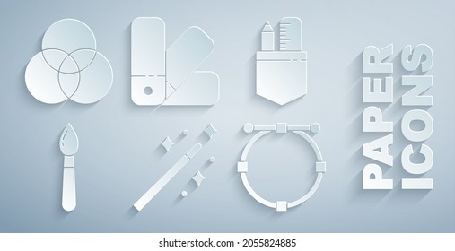 Set Magic wand, Crossed ruler pencil, Paint brush, Circle with Bezier curve, Color palette guide and RGB CMYK color mixing icon. Vector
