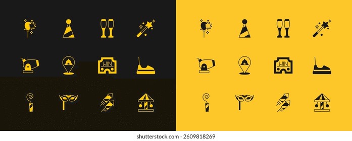 Set Magic wand, Festive mask, Casino win, Firework rocket, Circus tent, Bowling pin, Balloons with ribbon and Party hat icon. Vector