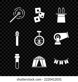 Set Magic wand, Game dice, Magician hat rabbit ears, Bottle with love potion, Circus tent, Carnival garland flags, staff and Unicycle or one wheel bicycle icon. Vector