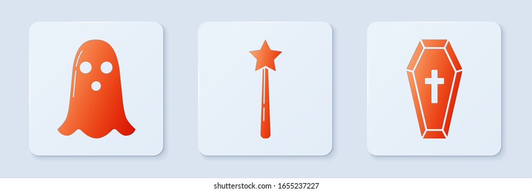 Set Magic wand , Ghost  and Coffin with christian cross . White square button. Vector