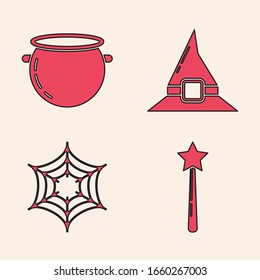 Set Magic wand , Halloween witch cauldron , Witch hat  and Spider web  icon. Vector