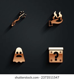 Set Magic wand, Hand holding fire, Ghost and Mystery box icon with long shadow. Vector