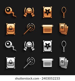 Set Magic wand, hand mirror, Three tarot cards, Ancient magic book, Eye and ball on icon. Vector