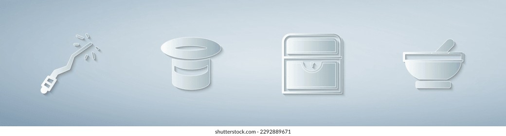 Set Magic wand, hat, Antique treasure chest and Witch cauldron. Paper art style. Vector