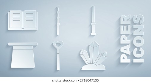 Set Magic wand, hat, stone,  and Ancient magic book icon. Vector