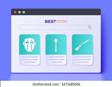 Set Magic wand , Hockey mask  and Witches broom  icon. Vector