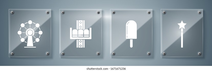 Set Magic wand, Ice cream, Attraction carousel and Ferris wheel. Square glass panels. Vector