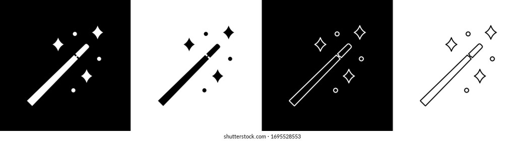 Ajuste el icono de varita mágica aislado en fondo blanco y negro. Accesorio mágico con forma de estrella. Poder mágico. Ilustración vectorial