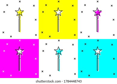 Set Magic wand icon isolated on color background. Star shape magic accessory. Magical power.  Vector Illustration