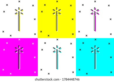 Setzen Sie das Zauberstab-Symbol einzeln auf Farbhintergrund. Zaubererzubehör in Sternenform. Magische Kraft.  Vektorgrafik