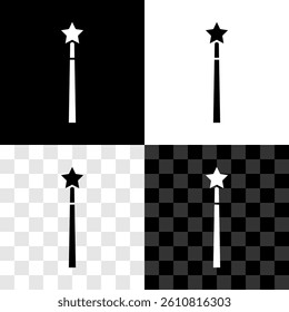 Set Magic wand icon isolated on black and white, transparent background. Star shape magic accessory. Magical power.  Vector