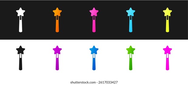 Set Magic wand icon isolated on black and white background. Star shape magic accessory. Magical power. Happy Halloween party.  Vector