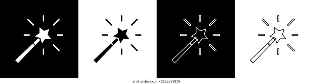 Conjunto icono de varita mágica aislado en fondo blanco y negro. Accesorio mágico en forma de estrella. Poder mágico.  Vector