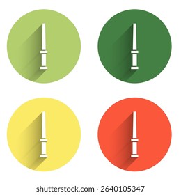 Set Magic wand icon isolated with long shadow background. Star shape magic accessory. Magical power. Color circle button. Vector