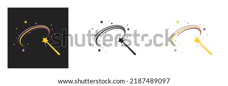 Set of magic wand icons. Magic wand with a star, wizard tool. Magic and miracle symbols. Wizard stick for apps and web sites, vector