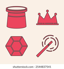 Set Magic wand, Magician hat, Crown and Magic stone icon. Vector