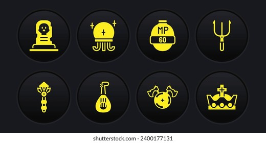 Zauberstab setzen, Neptun Trident, Lute, mittelalterliche Schild mit Axt, Video-Spiel-Bar, Ball, King-Kronen und Grave-Grabstein-Symbol. Vektorgrafik