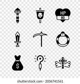 Set Magic wand, Pirate flag, Video game bar, Old money bag, Christian cross, Sword for and Pickaxe icon. Vector